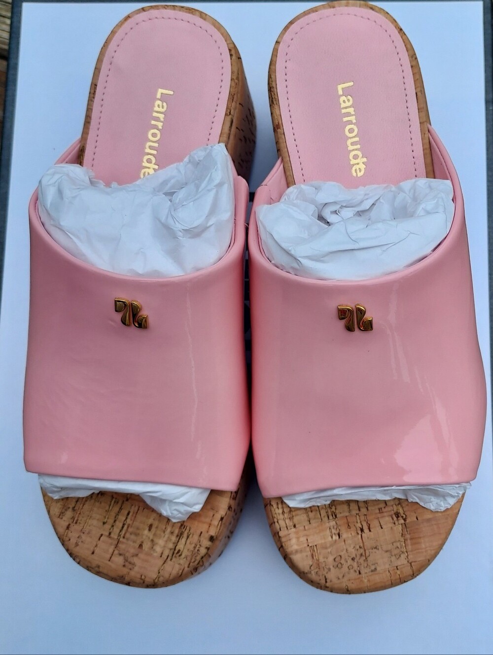 Larroude Pink Cork Platform Slide Sandals